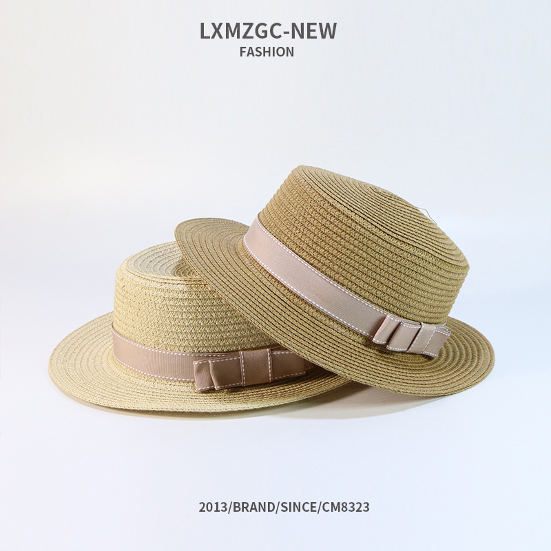 105g Weight Housewarming, Anniversary, Business, Wedding, Birthday, Festival Occasion Unisex Gender Basic Style Khaki, Coffee, White, Pink Color Summer Casual Sunscreen Flat Bow Woven Parent-child Straw Hat 1
