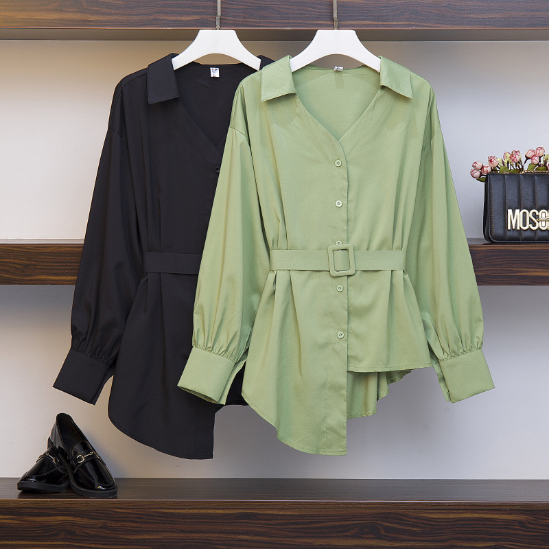 2019早秋大码女装微胖mm网红收腰显瘦很仙的衬衫不规则上衣连衣裙