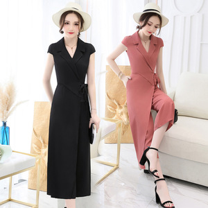 Slim and wide-legged pants suit V-collar Chiffon Dress