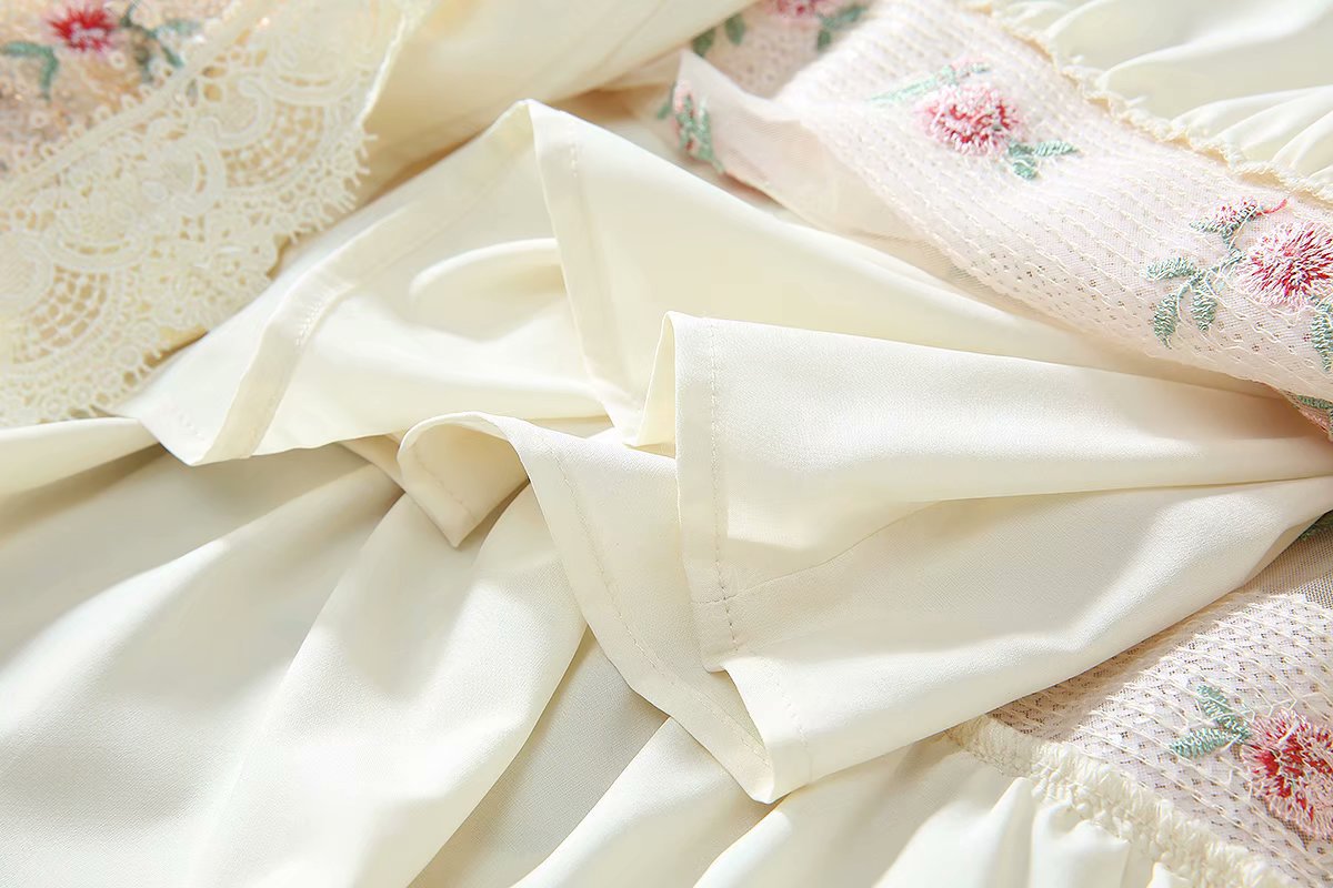 1219-05 珠片绣小花连衣裙码数SMLXL颜色蓝色杏粉色