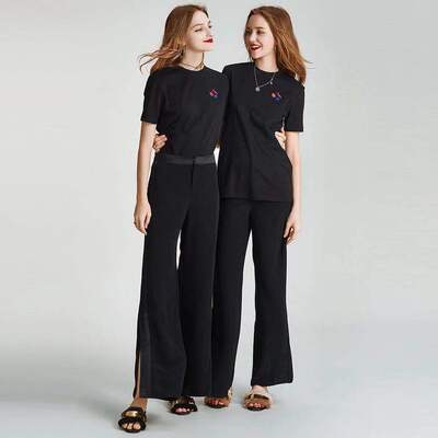 2019春秋新款黑色裤子女式休闲裤时尚潮阔腿裤开叉高腰舒爽透气