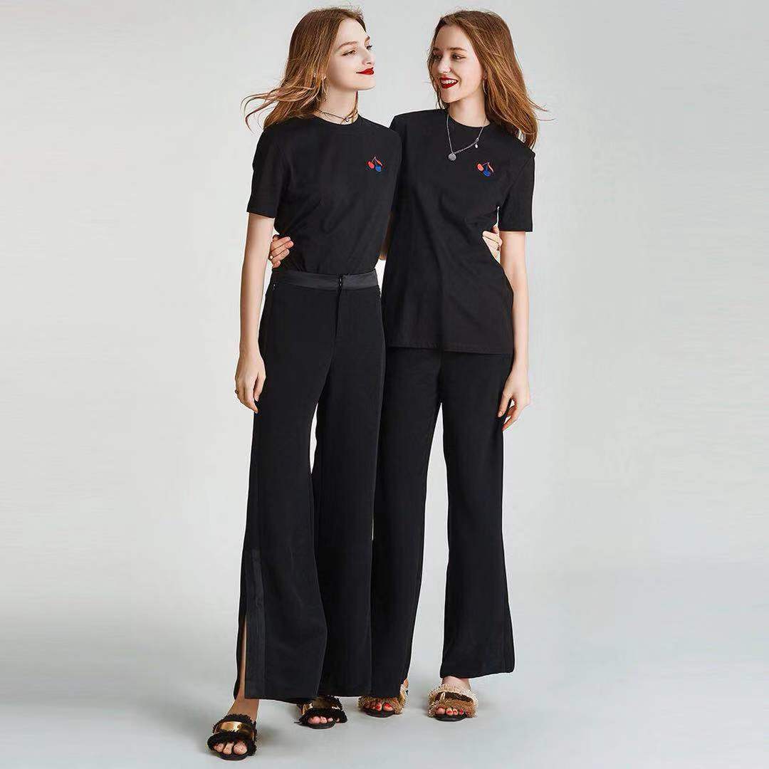 2019春秋新款黑色裤子女式休闲裤时尚潮阔腿裤开叉高腰舒爽透气