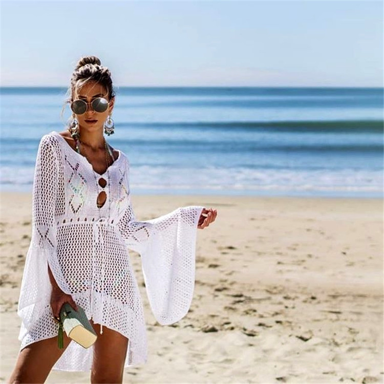 Cutout Knit Flared-Sleeve Beach Blouse Dress NSSX73225