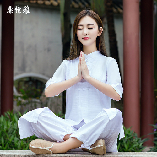 New Arrival Linen Solid Color Yoga Master Outfit Two-Piece Set Meditation Monk Tai Chi Zen Practice Wear Plus Size Extra Wide Extra Large