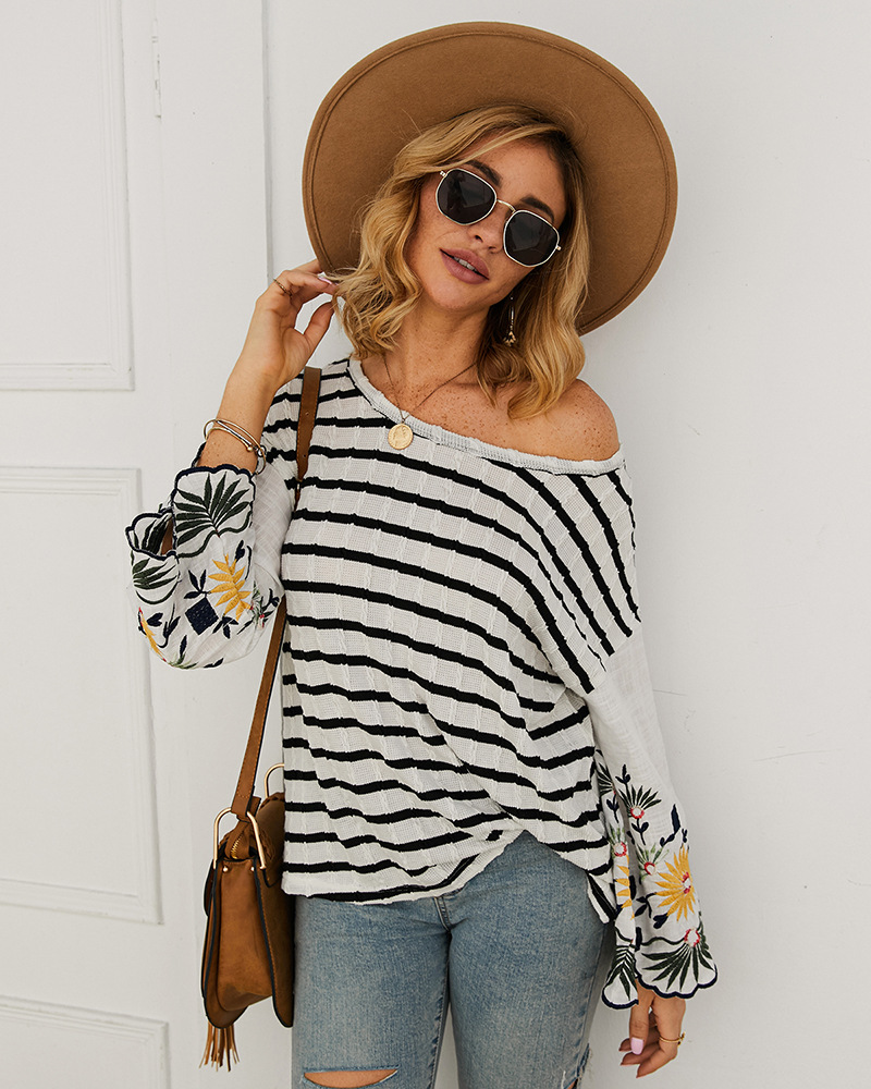 fashion embroidered striped T-shirt  NSKA8513