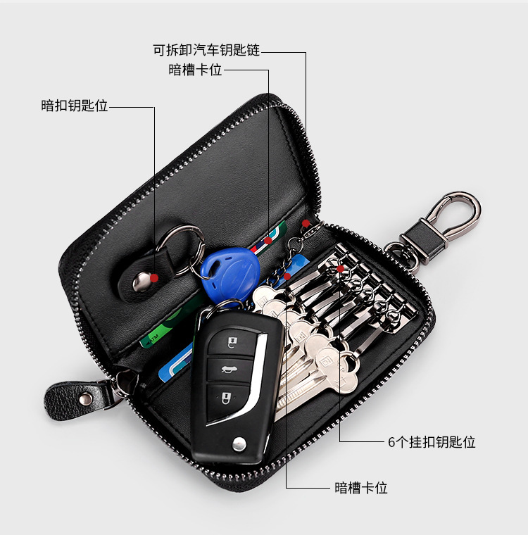 Large-capacity Zipper Car Key Case Waist Leather Card Case Multifunctional Fashion Key Chain display picture 22