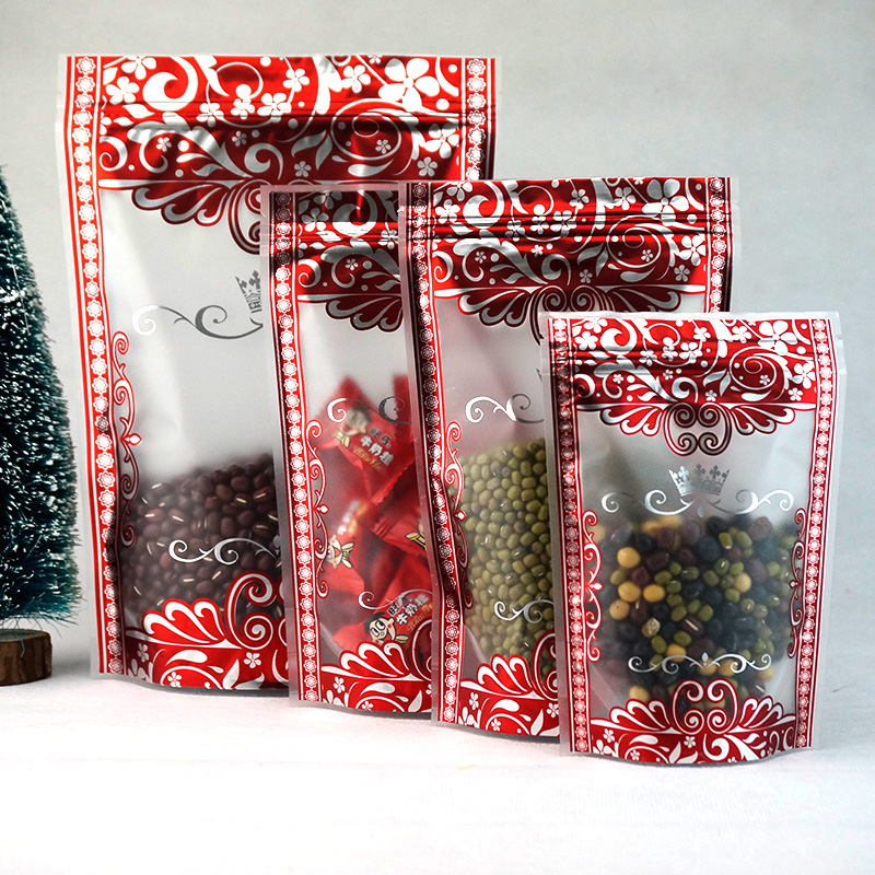 现货供应洗铝哑光红花透明自立自封袋 磨砂食品包装袋自封袋