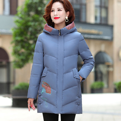 mom Winter clothes Hooded loose coat 2019 new pattern Western style Large Middle and old age White duck down Down Jackets Medium and long term