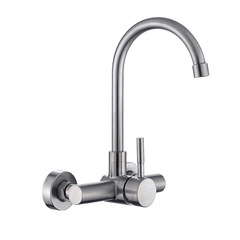 304 Kitchen Wall-Mounted Sink Faucet Double Hole Rotatable Cold and Hot Sink Basin Sink Water Tap 