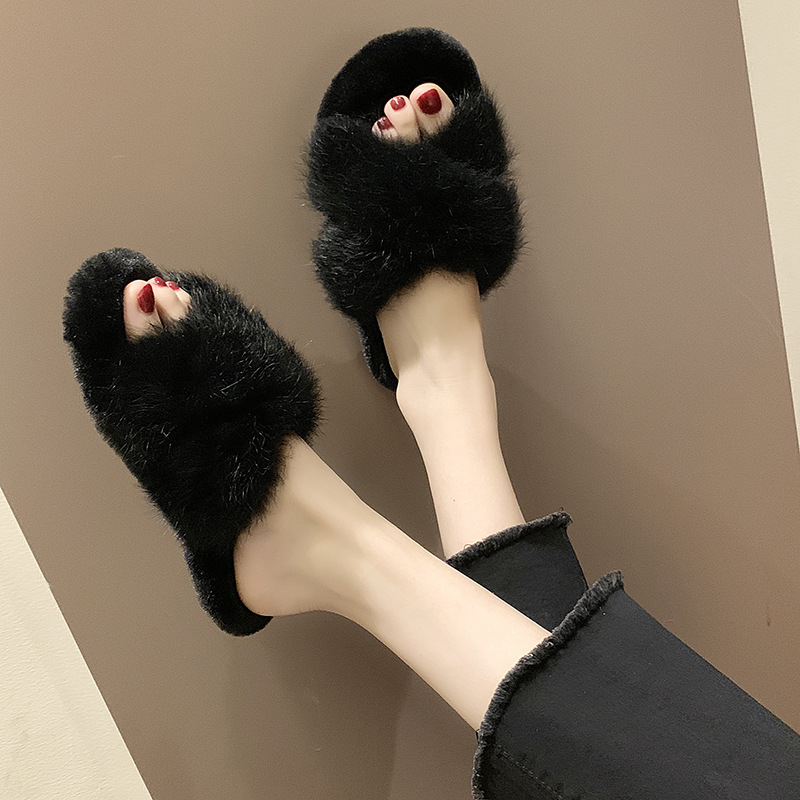 Beige Cross Fur Slippers