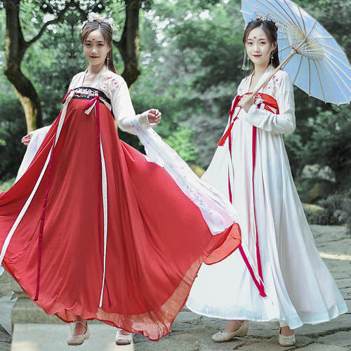 Red pink Blue Women Chinese hanfu Han Ming Tang Song Tradional Folk Dance costumes embroidery daily double-breasted chest Ru skirt 6 meters