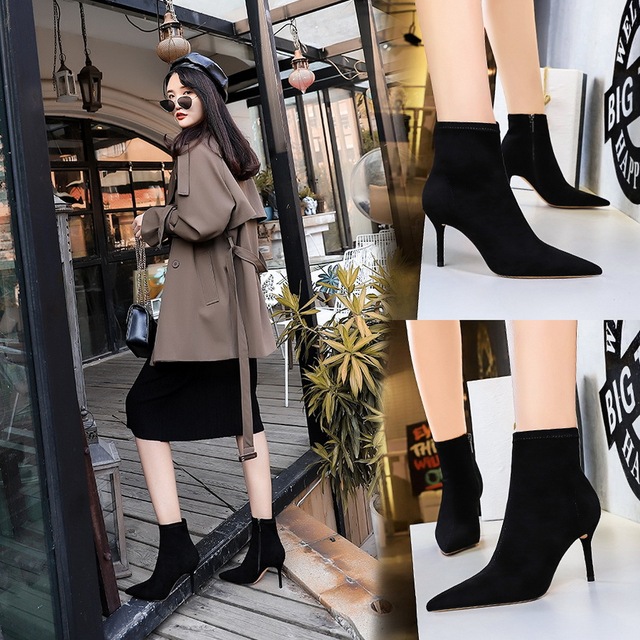 European and American fashion simple thin heel high suede pointy sexy nightclub show thin short boots women and nude boo