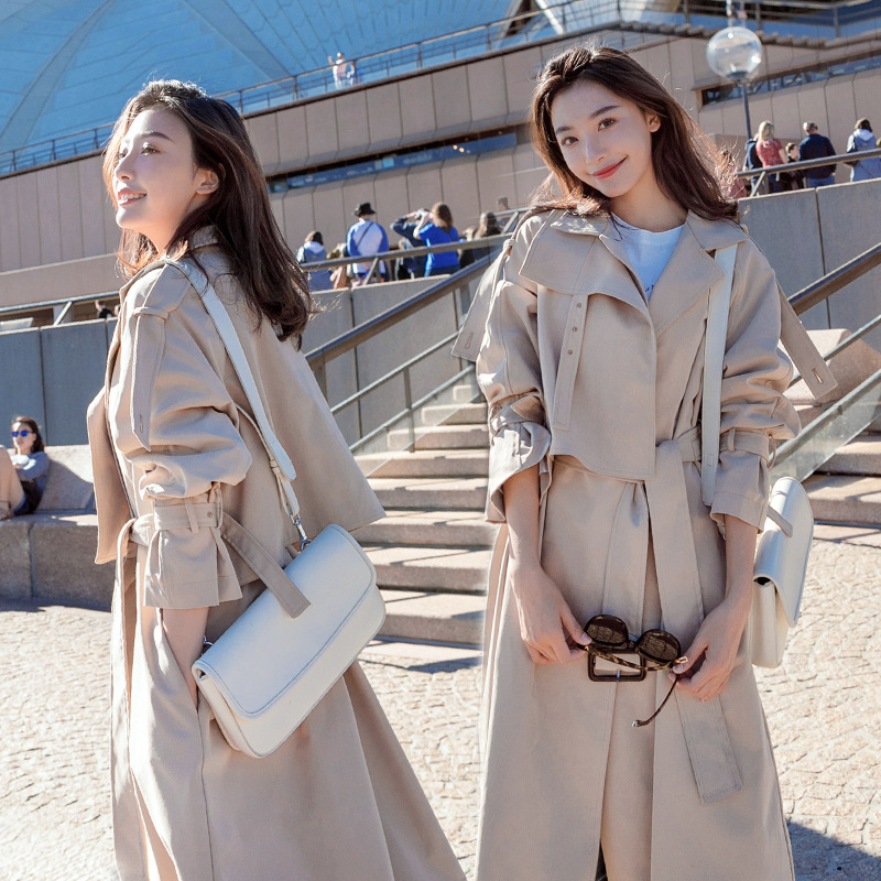 风衣女长款过膝英伦休闲学生2021新款春秋季修身系带chic外套女潮|ru