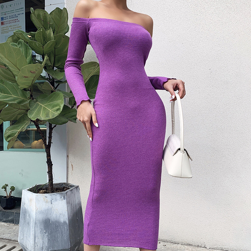 One-Shoulder Solid Color Slim Knitted Dress NSAFS102711