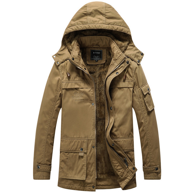Autumn and winter men’s detachable hooded Plush medium length cotton wash coat for men