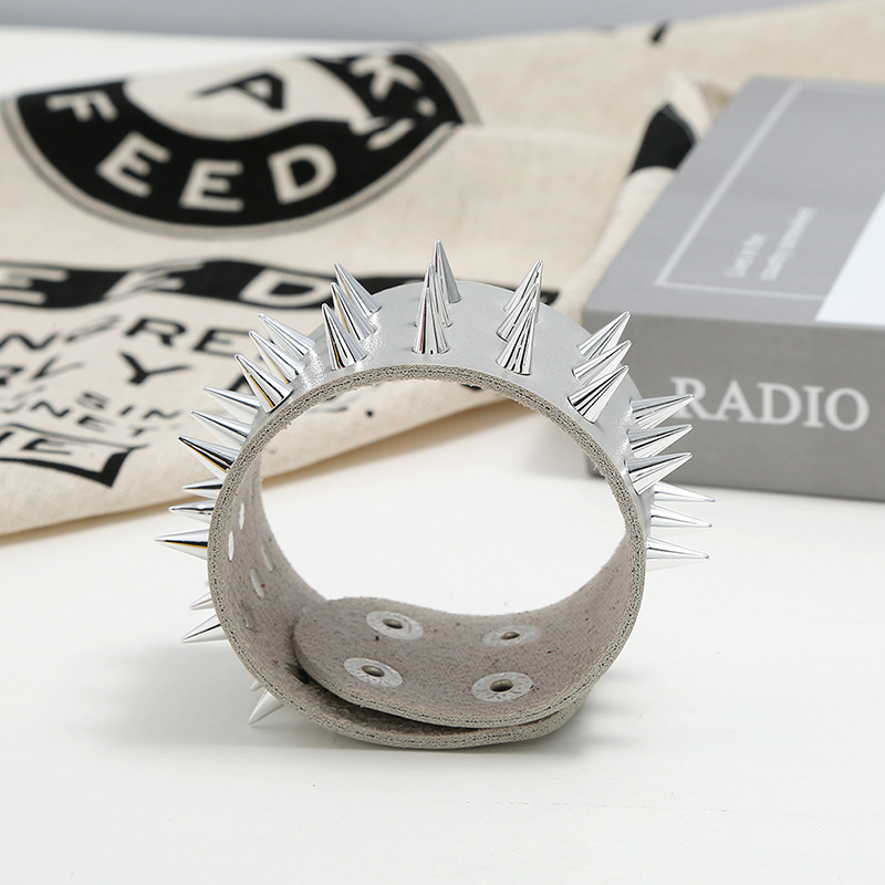 Menu0027s Leather Bracelet European and American Punk Non-mainstream Three-row Spike Rivet Bracelet 