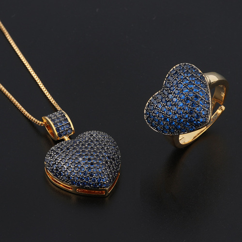 Cross-border pendant women's heart-shaped micro-set zirconia ring pendant set creative love jewelry ring set of two