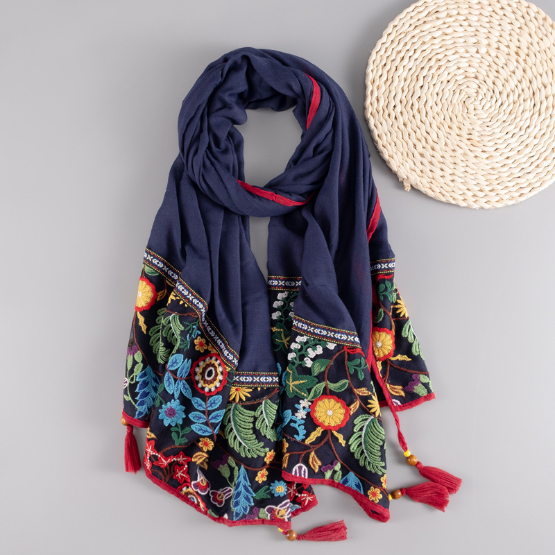 Châle de style ethnique pour femme, écharpe en soie brodée polyvalente en coton et chanvre pour le tourisme dans le désert, printemps et automne_voghion.com