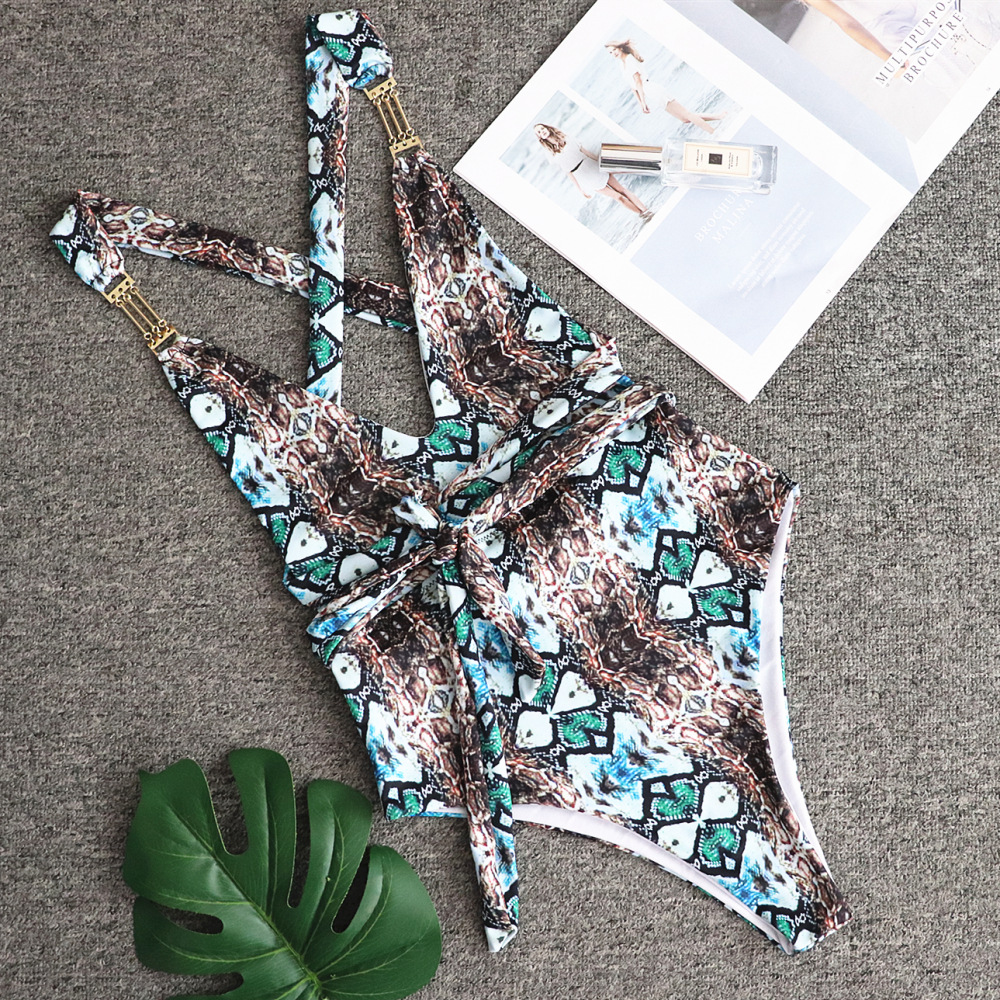 Sexy Snake Print Halterneck Bikini Swimsuit NSKLL102267