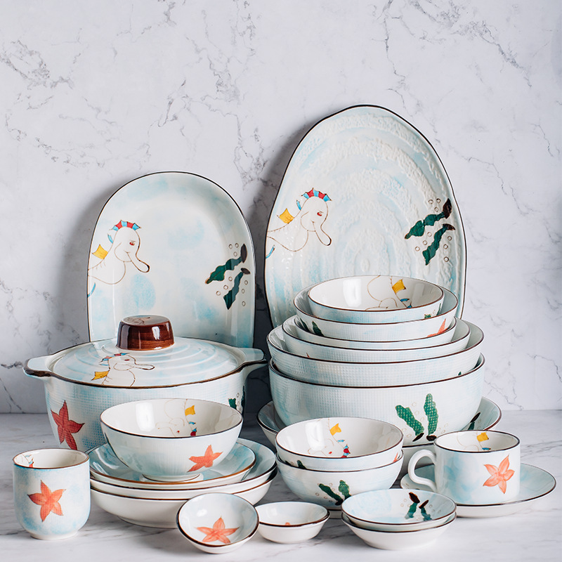 Ceramic Sauce Dish, Large Soup Bowl, Rice Bowl, Dish Plate, Tableware, White Porcelain, Hand-Painted, Ramen High-Footed Set, Household Seasoning, Rice