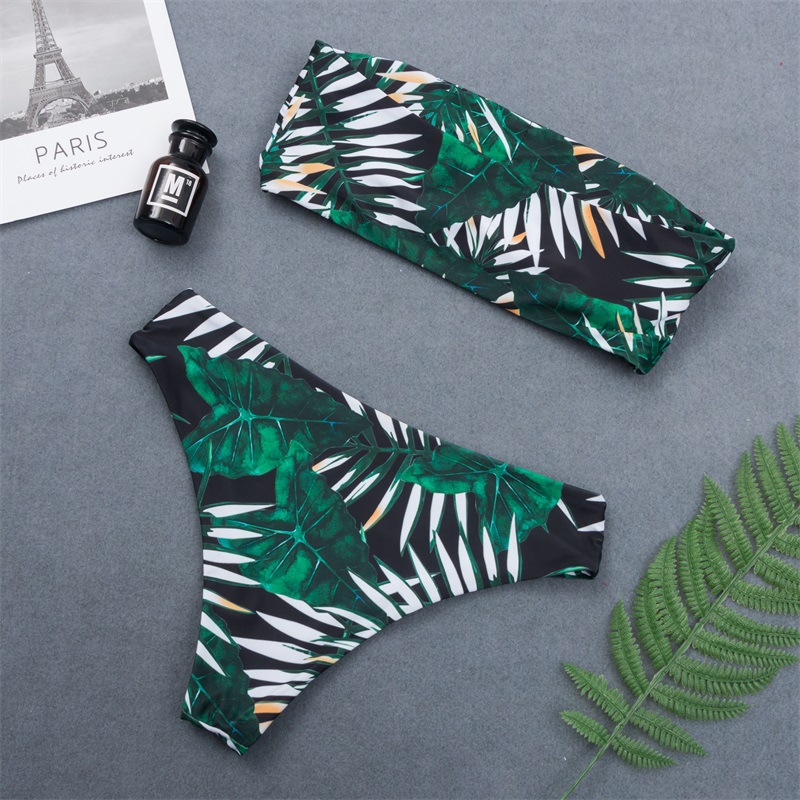 leaf print high waist split bikini  NSHL44040