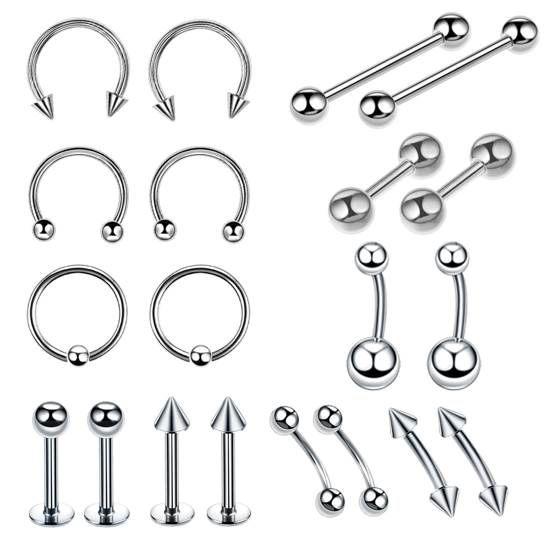 Beliebtes 20-teiliges Set aus Edelstahl-Lippen- und Nasensteckern, Ohrringen und Ringen – Piercingschmuck im grenzüberschreitenden Großhandel_voghion.com