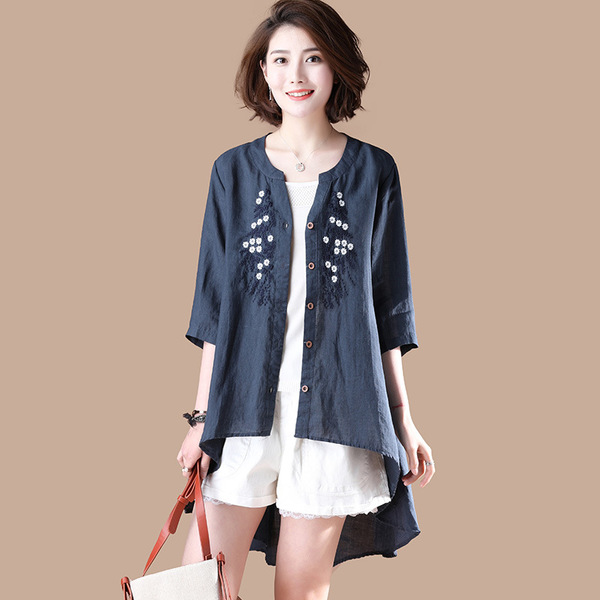 medium and long shirts V-neck embroidered seven-sleeve summer    