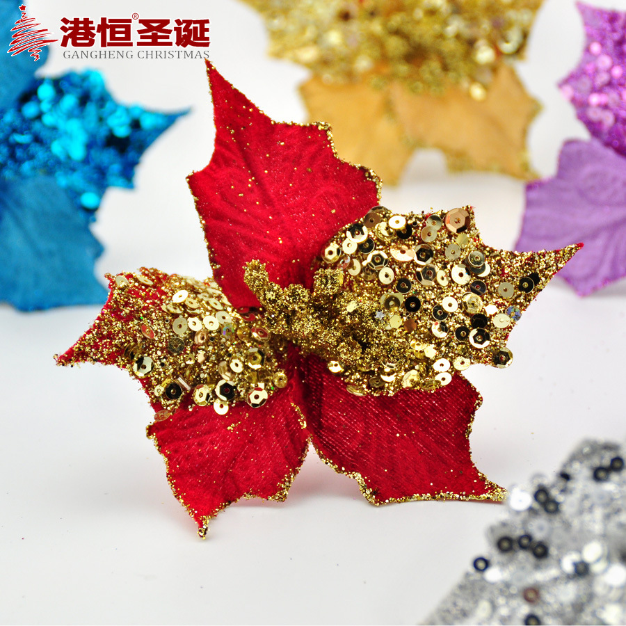 17cm simulación Navidad flor árbol de Navidad DIY Decoración Accesorios Punta esquina pegajosa lentejuelas tela flor falsa Flor de Navidad