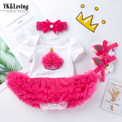 跨境 2020新款0-2岁宝宝短袖玫红哈衣裙彩色圆点鞋子头戴套装