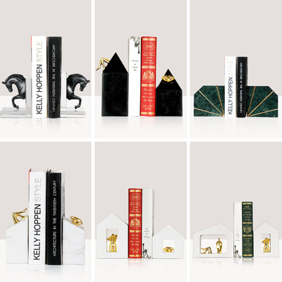 高档轻奢样板间装饰爵士白大理石书立软装店铺装饰摆件印度绿书档|ru