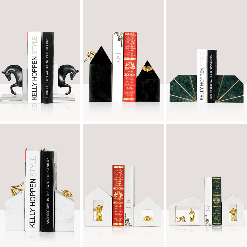 高档轻奢样板间装饰爵士白大理石书立软装店铺装饰摆件印度绿书档|ru