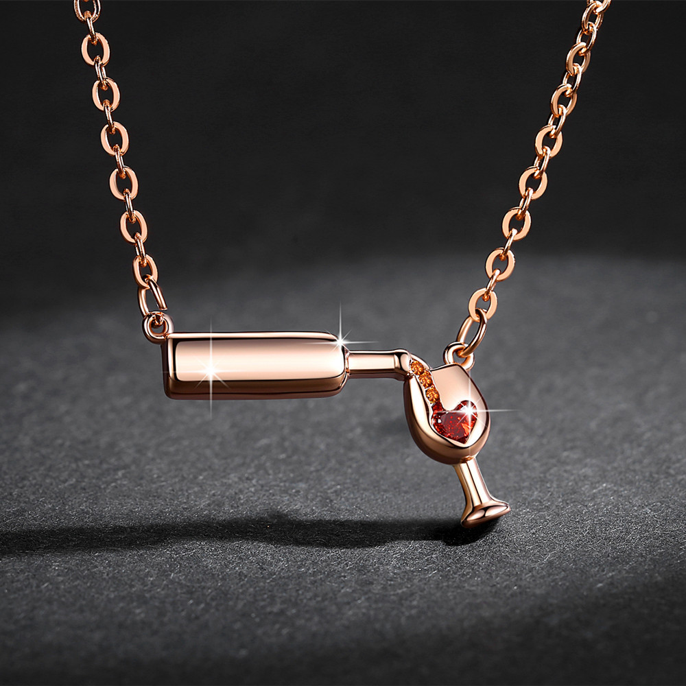 10g Weight Elegant Classic Style Heart Shape Wine Bottle Copper Plating Inlay Zircon Pendant Necklace