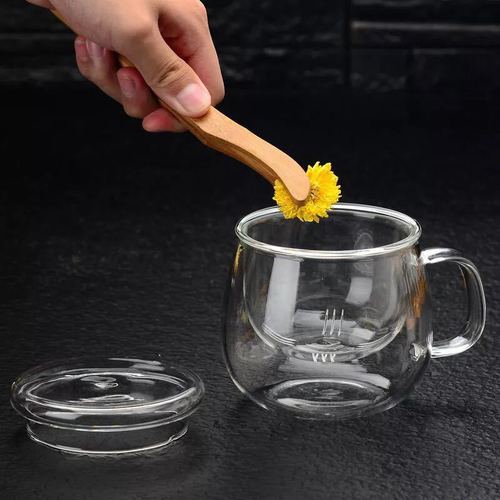 Glass cup, glass tea cup with handle, floral tea cup, round fun cup, three-piece cup, filtered tea cup, office water cup with lid