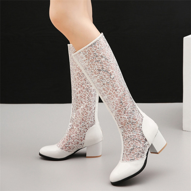 New single boot net boots summer hollow sandals women’s high heels thick heels high boots lace thin boots 