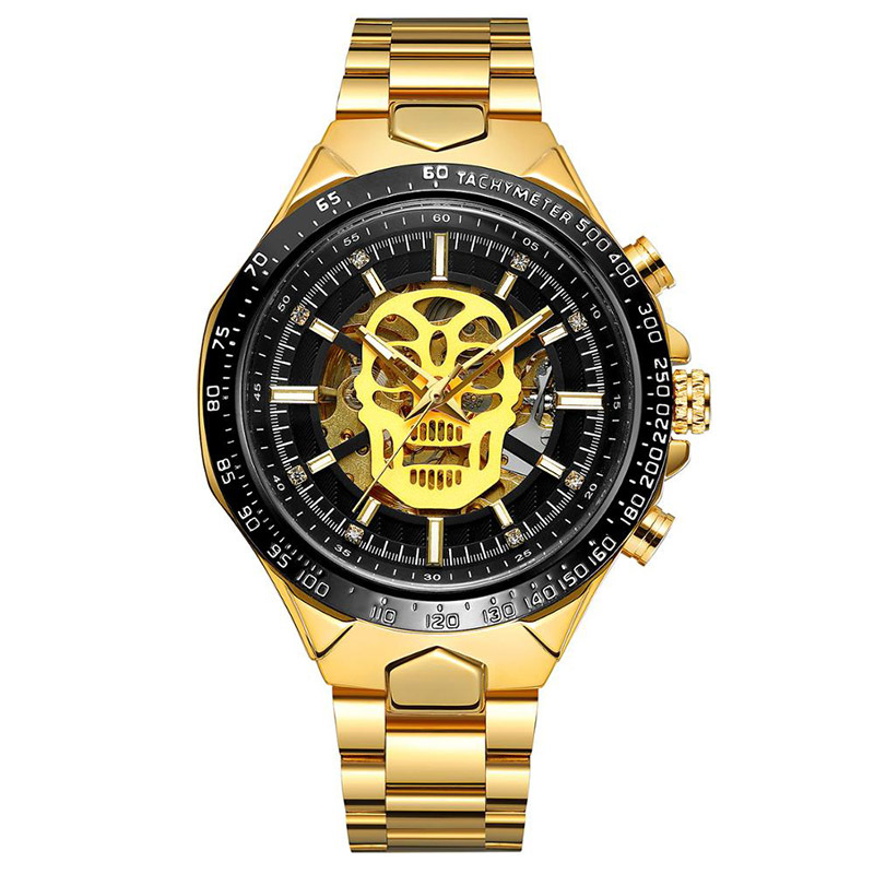 Forsining Fusini hombres de moda correa de acero reloj mecánico automático cráneo luminoso reloj impermeable 432