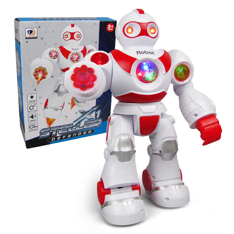 Nuevo robot inteligente para niños juguetes eléctricos móviles caminando luces efectos de sonido cuerpo superior giratorio mercado nocturno ventas calientes