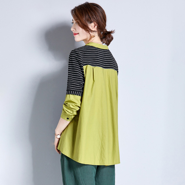 Colour-Coloured Spliced Stripe Shirt Front Short Back Long Blouse 