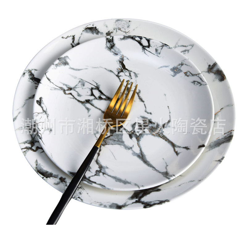 Home Round Model Room Western-style Tableware Set European-style American Restaurant Table Western-style Western-style Plate Stone Pattern Plate with Gold