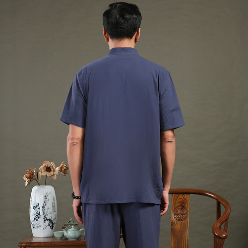 Tang suit short-sleeved summer cotton and linen men tang suit top and pants Chinese kung fu uniforms tai chi suit Chinese style meditation zen tea costumes