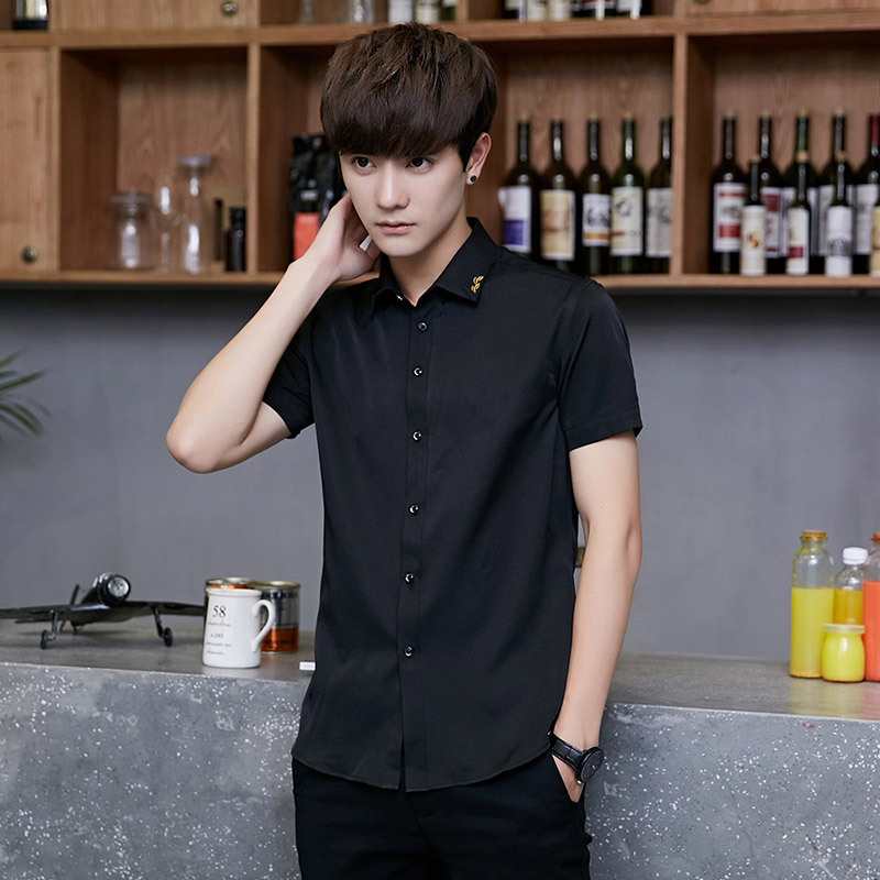 2019年春夏新款商務襯衫青年男式純色短袖打底立領襯衣潮工廠直銷