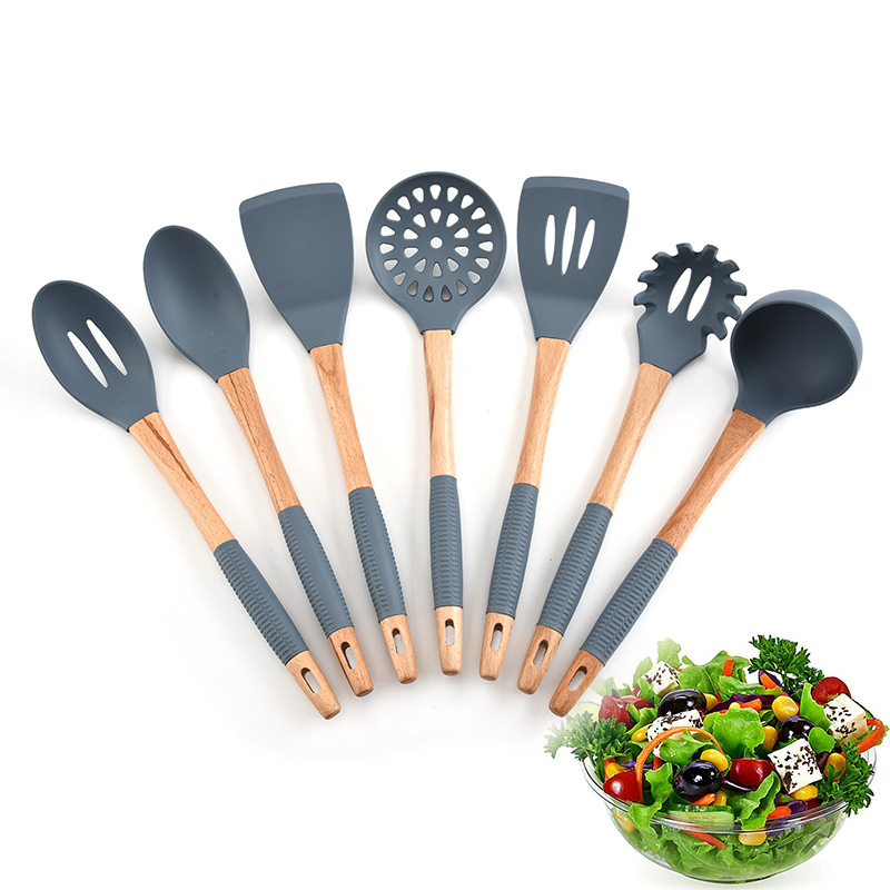木柄硅胶厨具套装 厨房烹饪铲勺多用途厨房工具洋葱针 分肉器