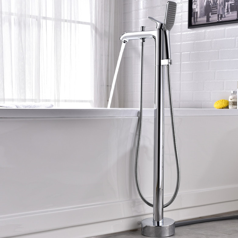 All-copper European-style luxury double-function Chrome hot and cold water seat vertical cylinder side faucet floor bathtub faucet promotion