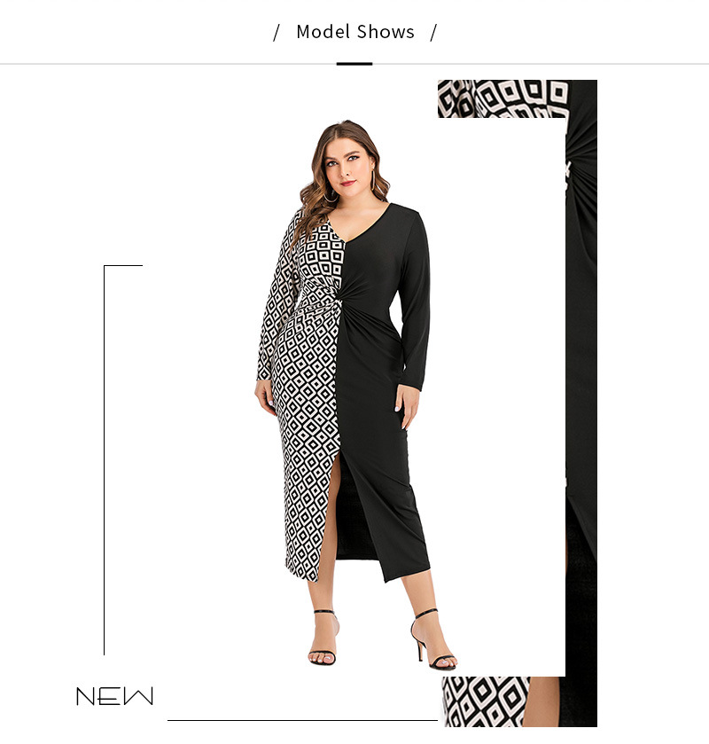 plus size printed long-sleeved V-neck dress nihaostyles clothing wholesale NSWCJ92363