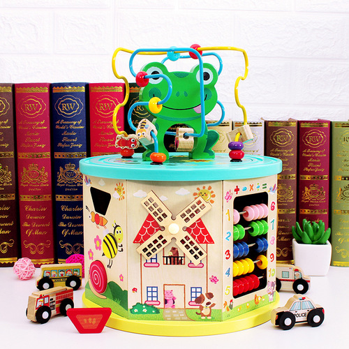 Baby beaded bead toy wooden seven-sided multi-functional large beaded treasure box infant learning educational toy