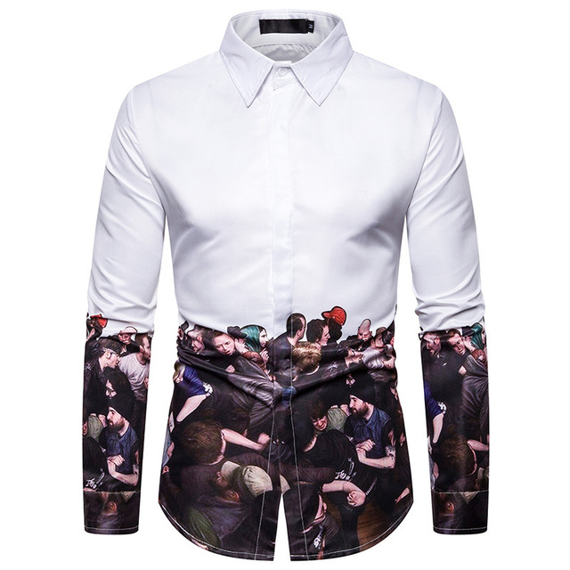 Men’s abstract character Print Long Sleeve Shirt Lapel shirt