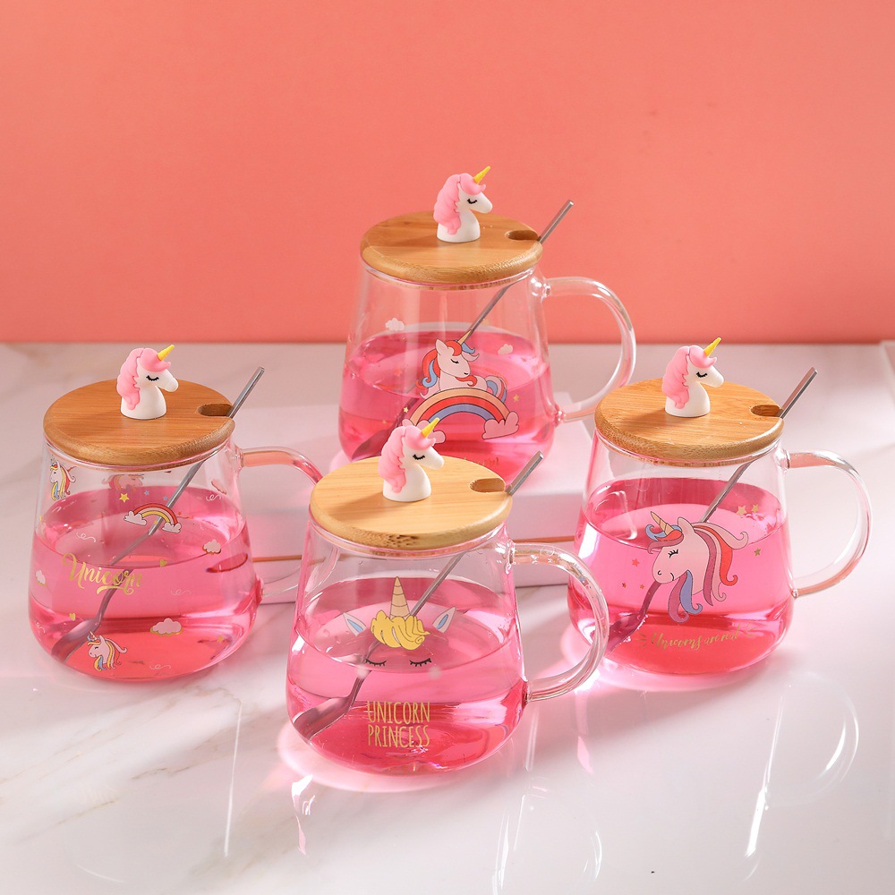 Unicornio personalizado taza transparente con tapa cuchara regalo creativo Oficina lindo beber