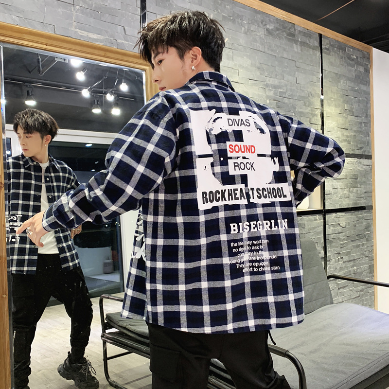 格子衬衫男2019春秋季新款韩版潮流工装修身男装休闲男士长袖衬衣|ru