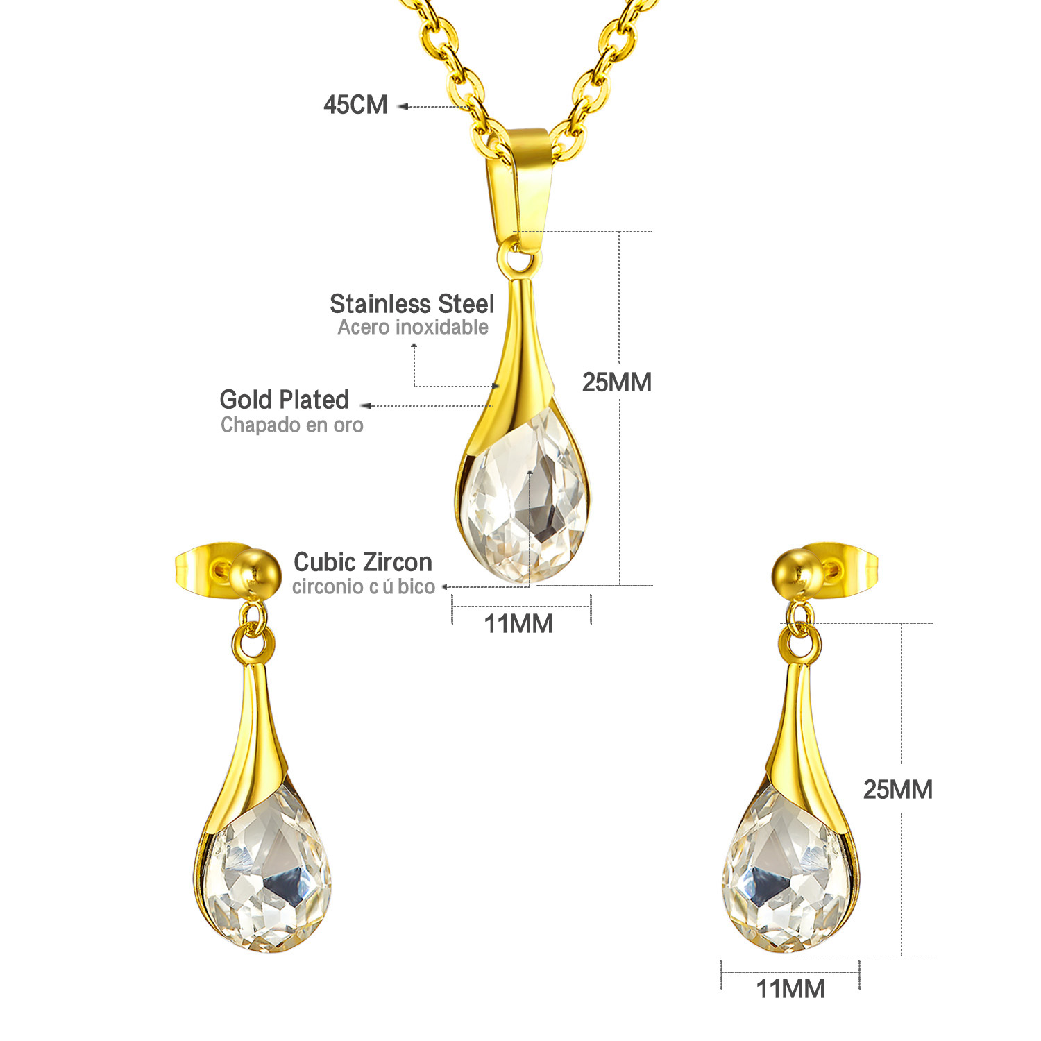 Fashion Water Droplets Stainless Steel Plating Zircon Earrings Necklace 1 Set