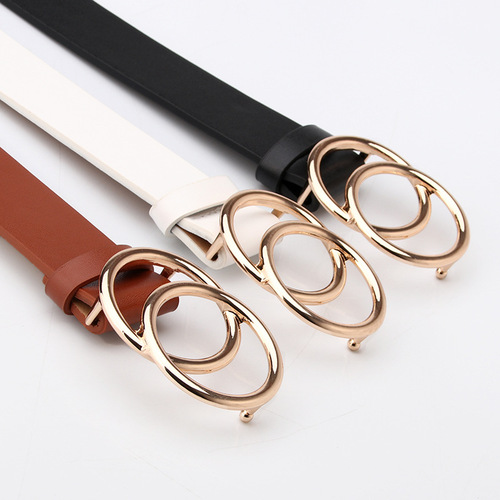 New double-ring belt round buckle alloy snap belt student simple trouser belt sweater coat decorative belt