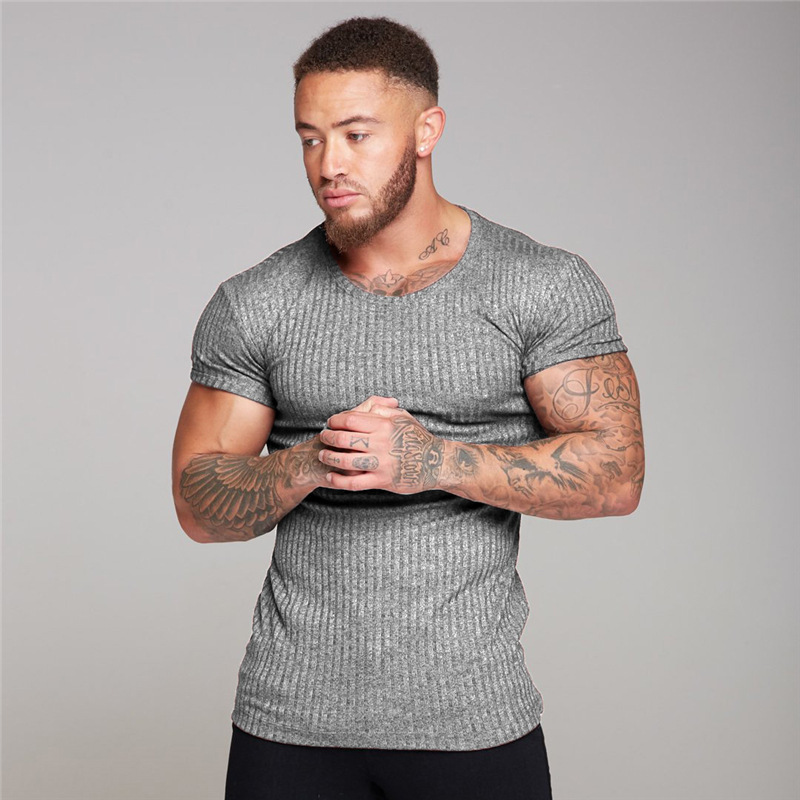 Cross-border Summer Men's Sports Fitness Short-sleeved T-shirt Casual Slim-fit Knitwear Tight Super Elastic Breathable T-shirt for Men